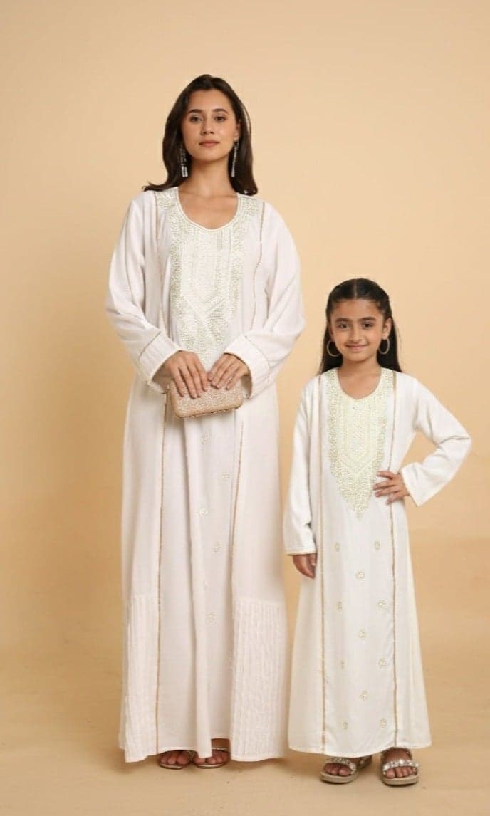 Girls Arabic Jalabiya – Elegant White Embroidered Long Dress with Traditional Neck Work