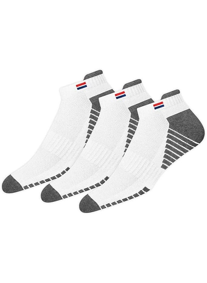 NAVYSPORT Men's Low Cut Athletic Cotton Cushion Ankle Socks with Sports Tab for Running, Gym, Training, Casual Wear, Pack of 3 (Free Size, White)