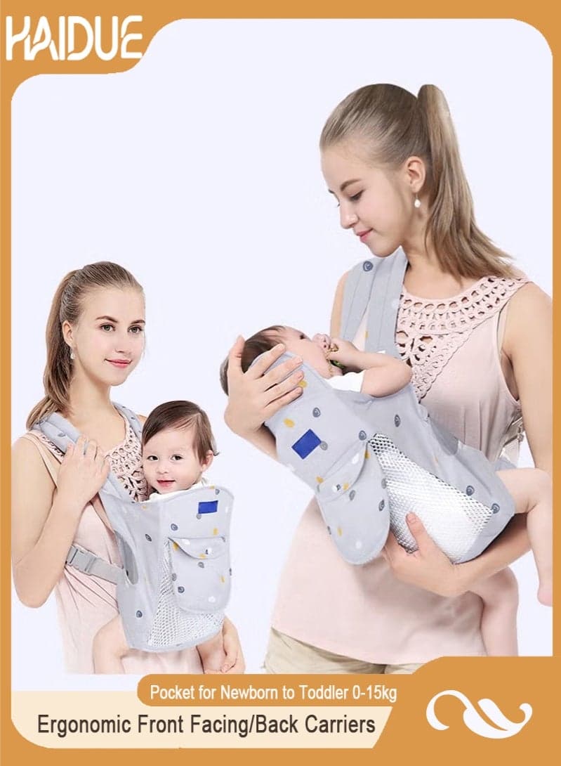 Baby Adjustable Wraps Carrier Ergonomic Front Facing/Back Carriers with Essentials Storage Pocket for Newborn to Toddler 0-15kg