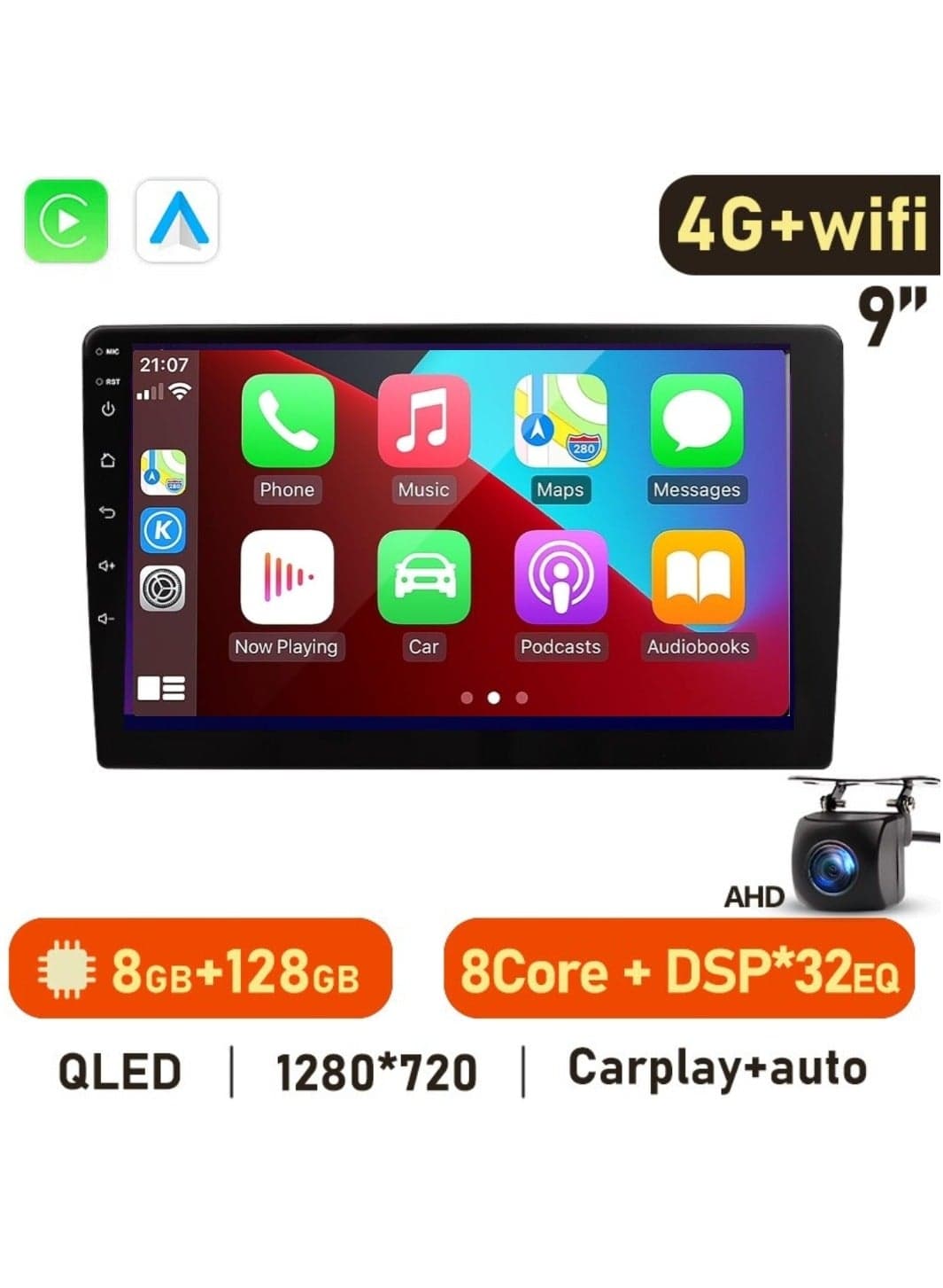 9-Inch Android Car Stereo – 8GB RAM 128GB ROM, Octa-Core, Wireless Apple CarPlay & Android Auto, QLED Touchscreen, DSP, Bluetooth, AHD Camera, Fast Boot