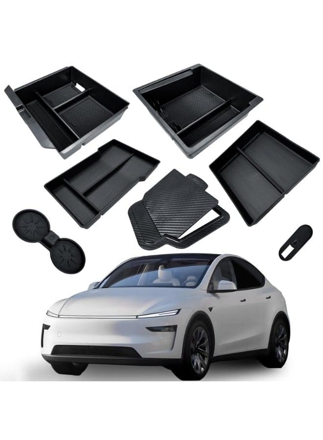 7Pcs Center Console Organizer Tray for 2025 2026 New Tesla Model Y Juniper, Armrest Hidden Drawer Storage Box Cup Holder, Model Y Juniper Accessories 2025 2026