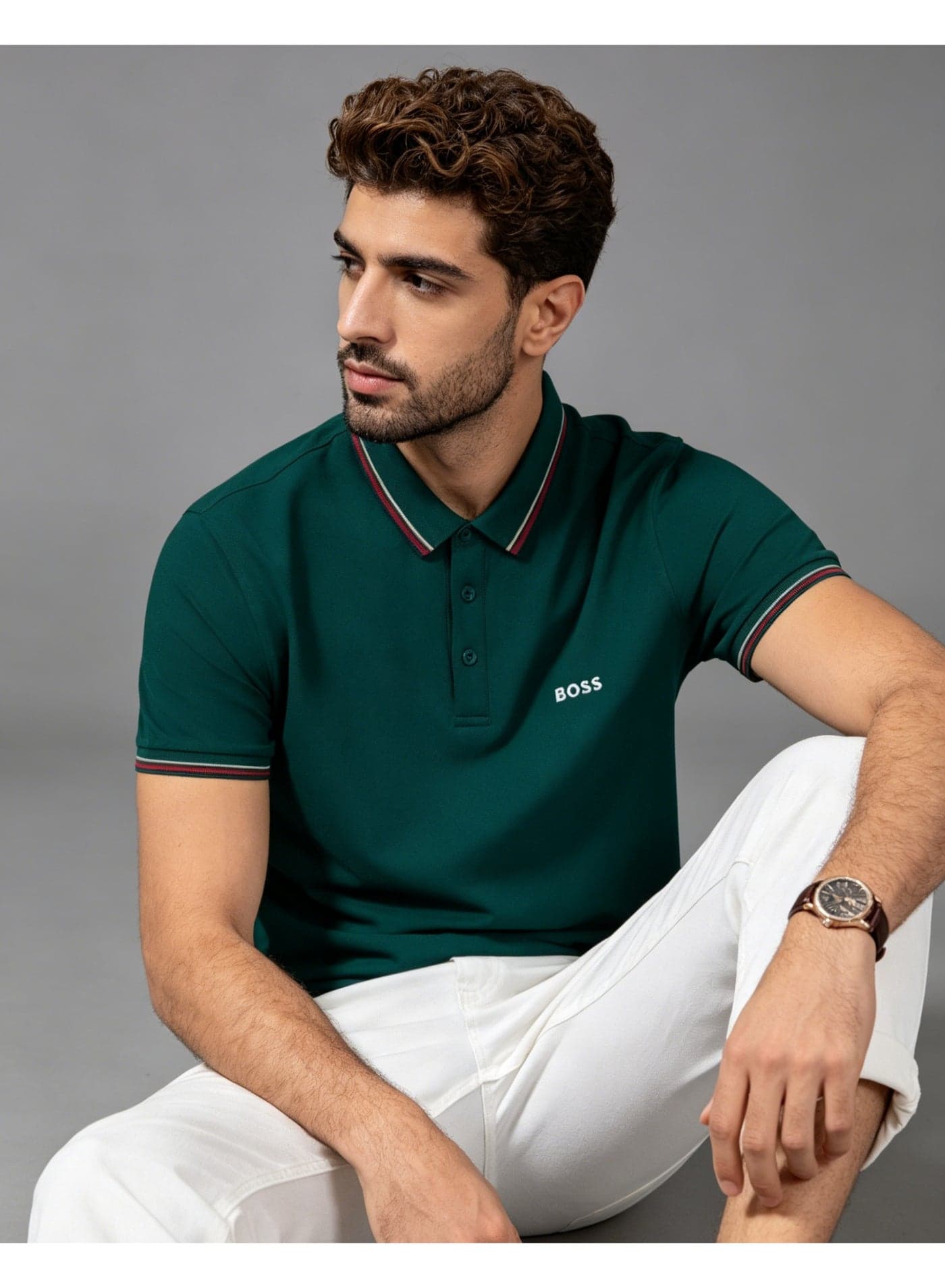 BOSS Men’s Bold Cotton Polo Shirt with Red Contrast Trim - Dark Green