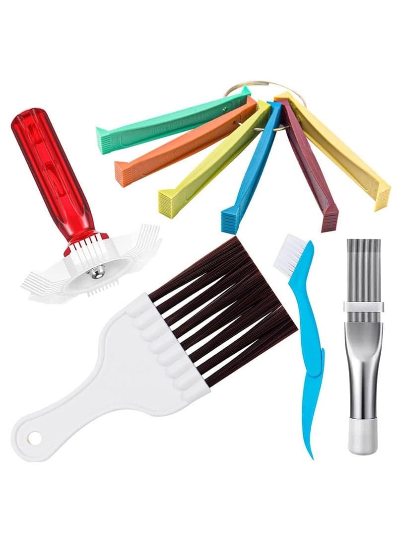 Air Conditioner Fin Cleaner Set, 3 Different Fin Comb Condenser Fin Straightener and 2 Different Brush Condenser, Radiator Repair Clean Tool Set, Air Conditioning Cleaning Tools