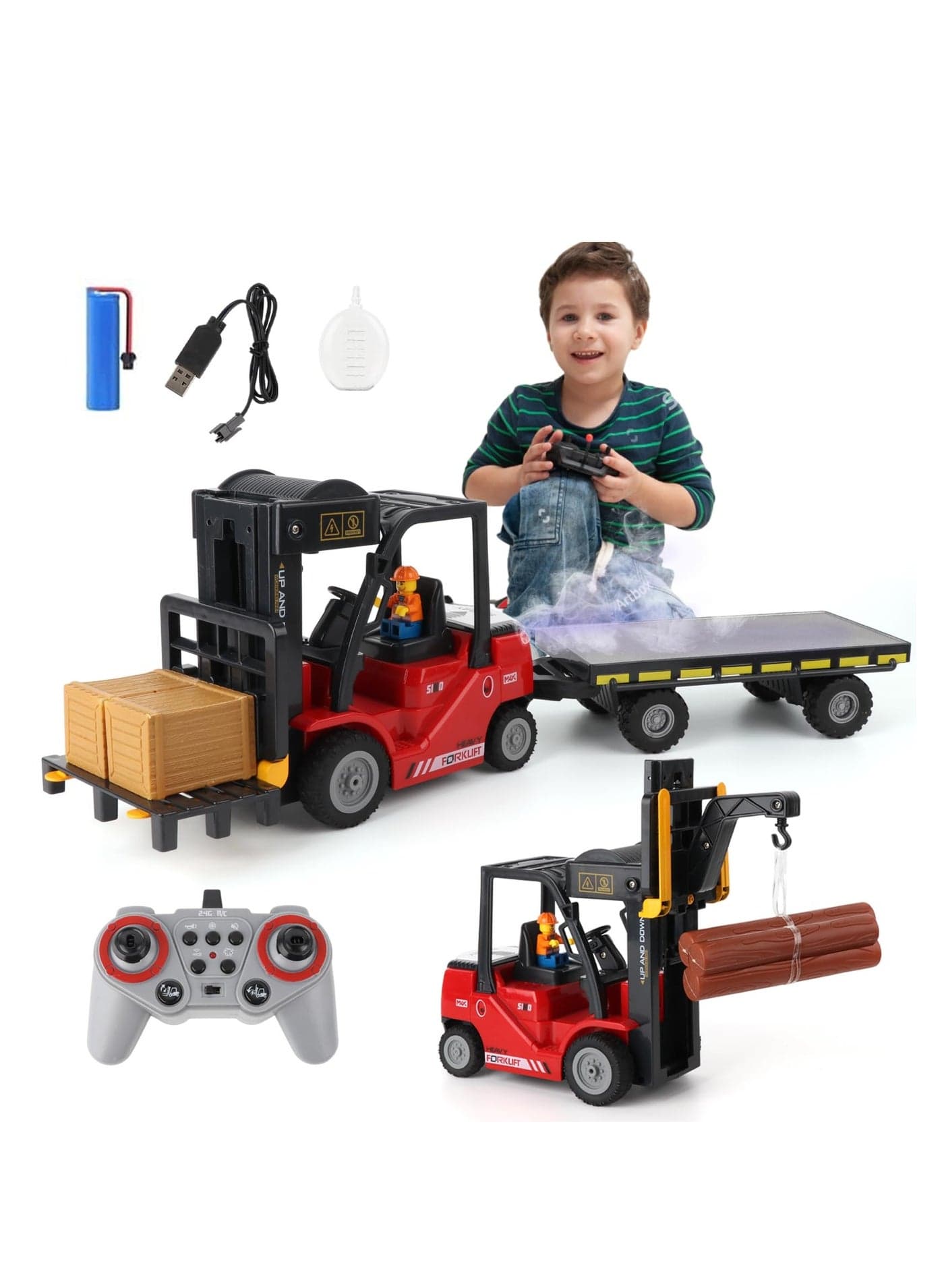 Remote Control Forklift Cranes 11 Channel 2 Mode RC Forklift Truck with Spray Sound and Lights Construction Toys 2.4Ghz 1:24 Scale Truck Toy for Toddler Kids for 3-7 Boys and Girls, Red