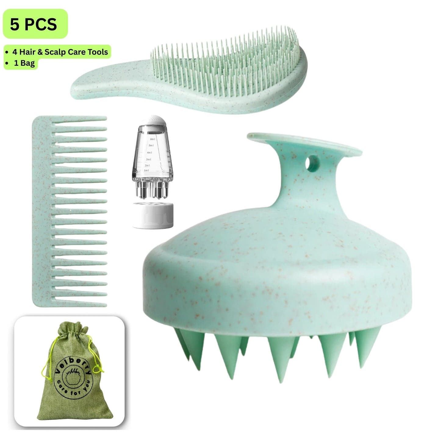 5PCS Hair Scalp Massager Set – Shampoo Brush, Detangling Hair Brush, Wide Tooth Comb & Oil Applicator Bottle, Complete Hair Care Kit