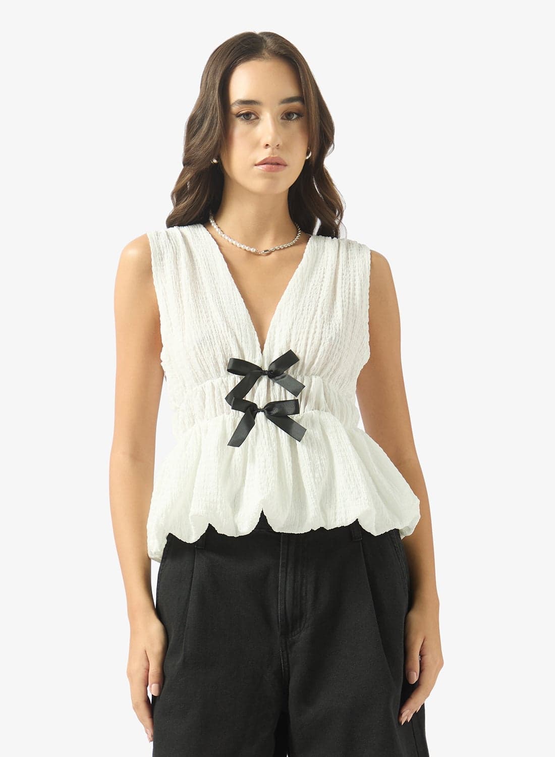 V Neck Gather Detail Top with Bow