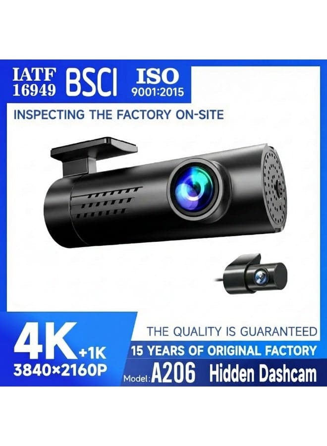 4K+1K Hidden Dash Cam, Sony STARVIS 2 Dual Lens Front 170° Rear 150°, Built-in WiFi GPS, Night Vision, Loop Recording, Parking Monitor, App Control, Easy Hidden Installation - Model A206