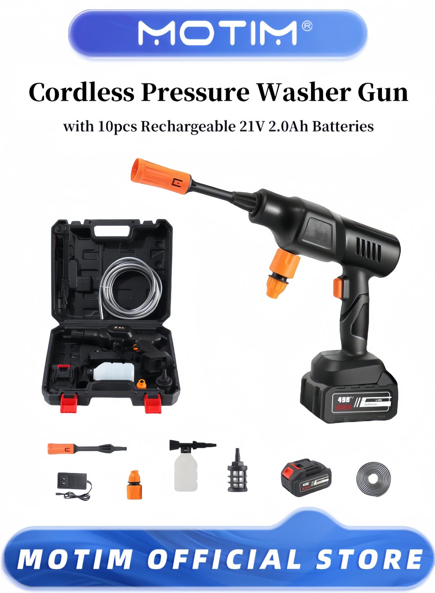 Cordless Pressure Washer Gun 9-12 Meters Range Portable Car Washer Cleaner with 10pcs Rechargeable 21V 2.0Ah Batteries
