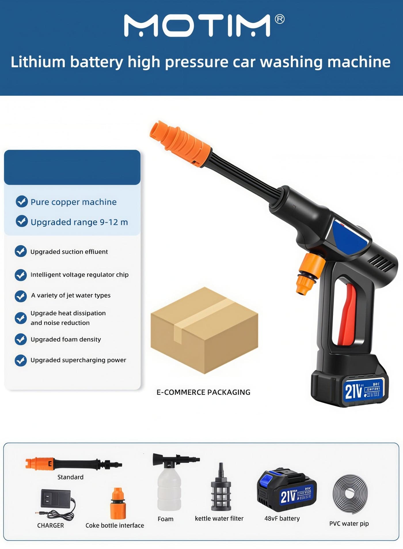 Cordless Pressure Washer Gun 9-12 Meters Range Portable Car Washer Cleaner with 10pcs Rechargeable 21V 2.0Ah Batteries