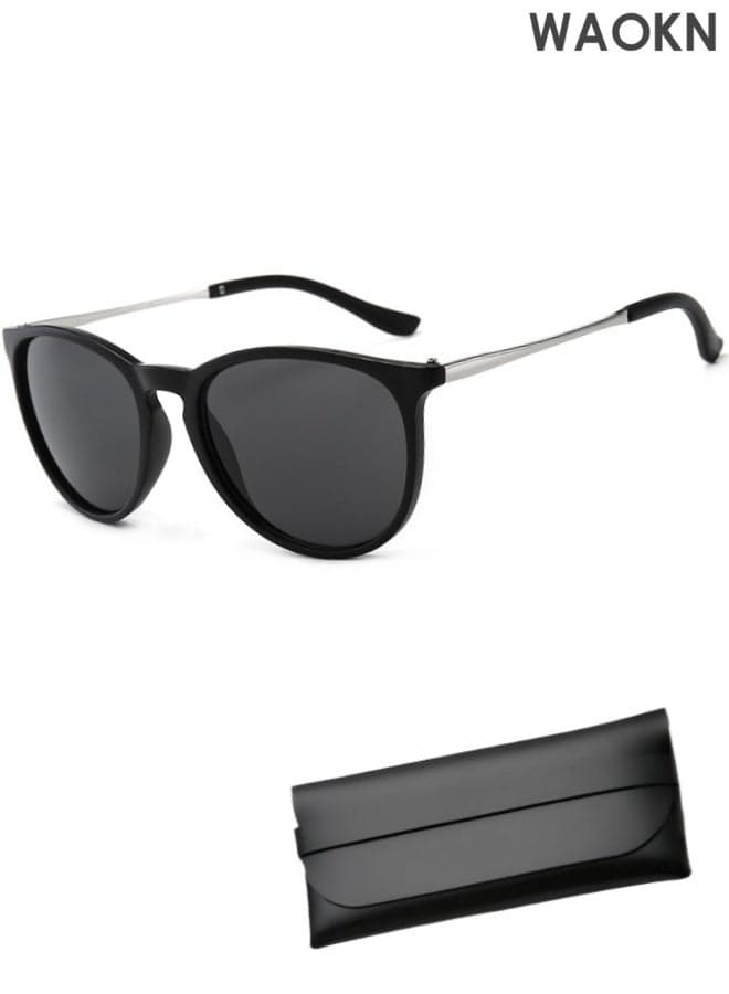 Men's Polarized Sunglasses Black Gray Polygon Lens UV400 Aluminum Magnesium Alloy Arms for Driving Traveling Hunting with Case ,Fashion Anti-Glare Sun Shades for Driving, Fishing, Traveling