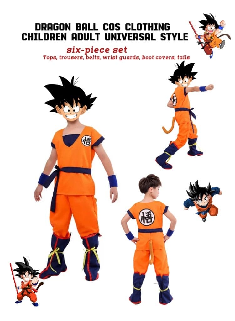 Dragon Ball Super Saiyan Goku Cosplay Costume - Kid & Adult Universal 6-Piece Set for Halloween Performances (Includes Top/Pants/Belt/Wrist Guards/Boot Covers/Tail | Sizes 130)