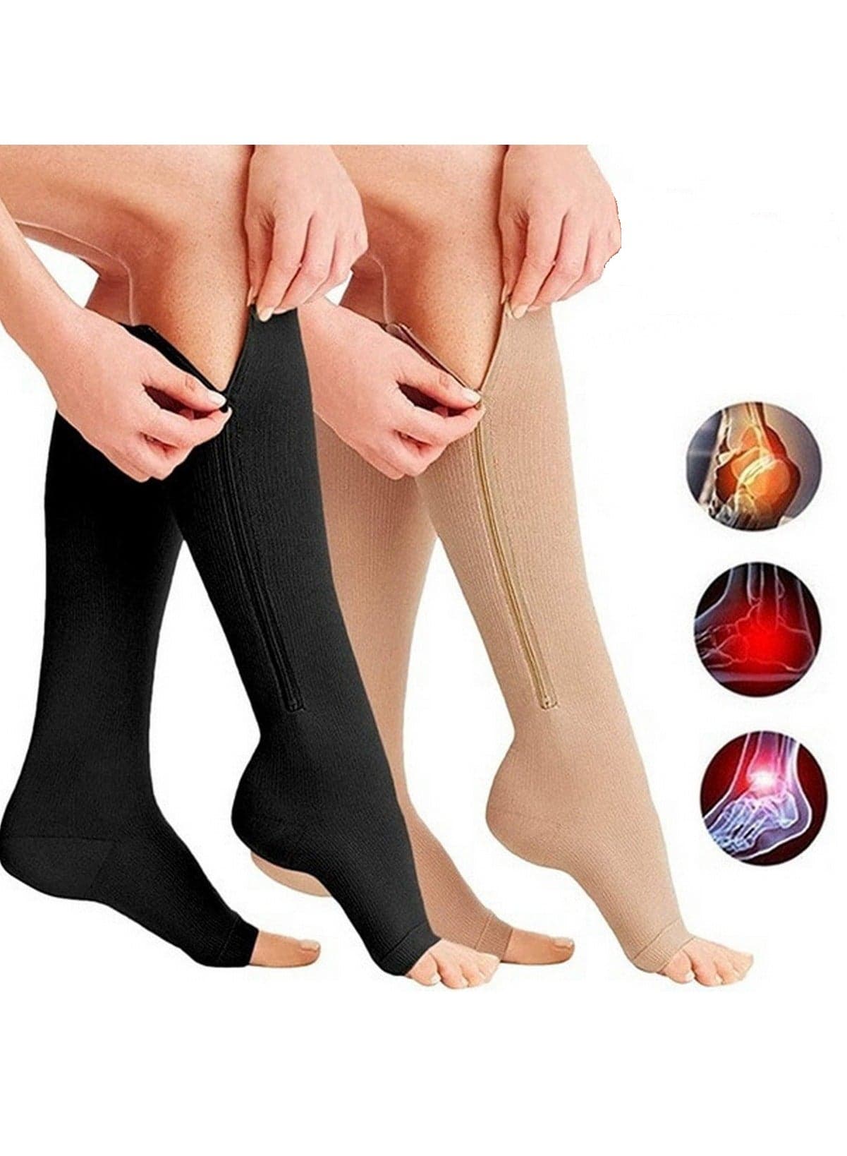 15 to 20mmHg Compression Socks 2 Pairs Toeless with Copper Fiber Open Toe Knee High Support Stockings with Zipper for Men and Women Beige and Black