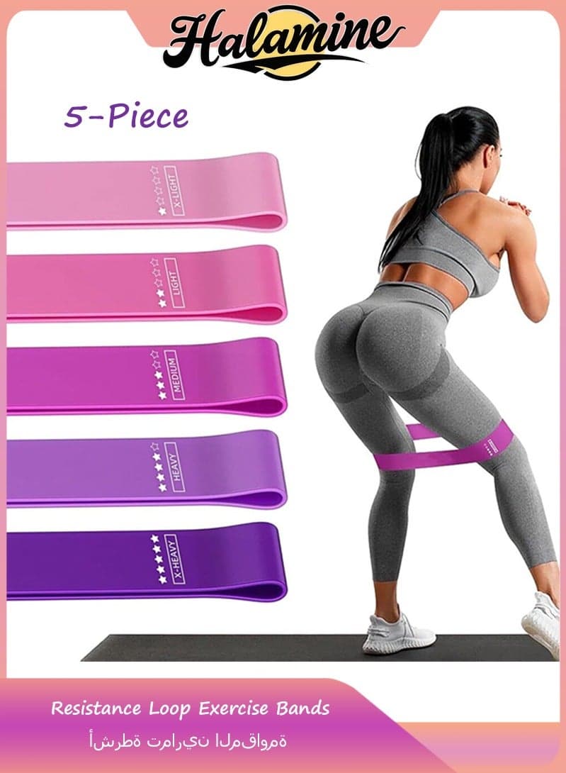 5-Piece Resistance Loop Exercise Bands With Carry Bag Set,Unbreakable 100% Natural Latex Exercise Bands,Pink,600mm*50