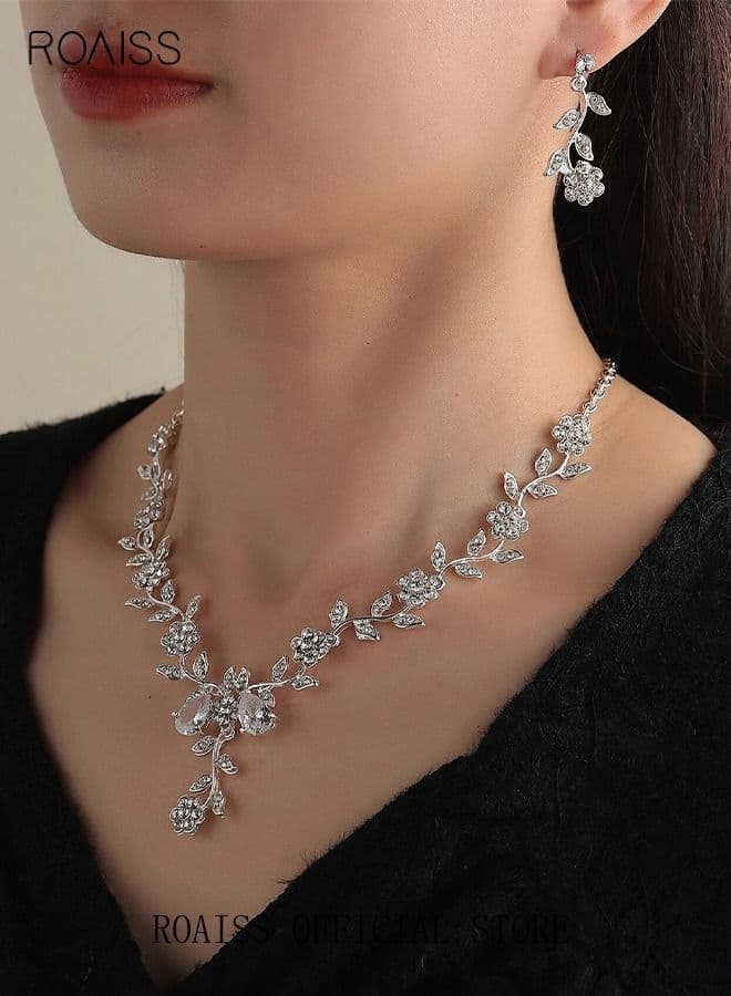 3 Pcs Women's Jewelry Set Rhinestone Necklace Earrings Set Rose Flower Zircon Pendant Drop Dangle Bridal Evening Dress Accessories for Women Silver Clear Gift for Girlfriend Wife Mother