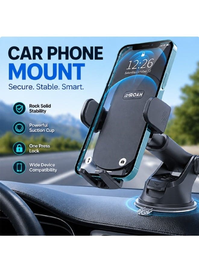 Premium Universal Car Phone Holder Mount for Windshield, Dashboard & Air Vent – 360° Rotating Hands-Free Mobile Phone Stand with Strong Suction Cup, Secure Grip & Adjustable Viewing Angle for iPhone, Android & All Smartphones, Dark Black