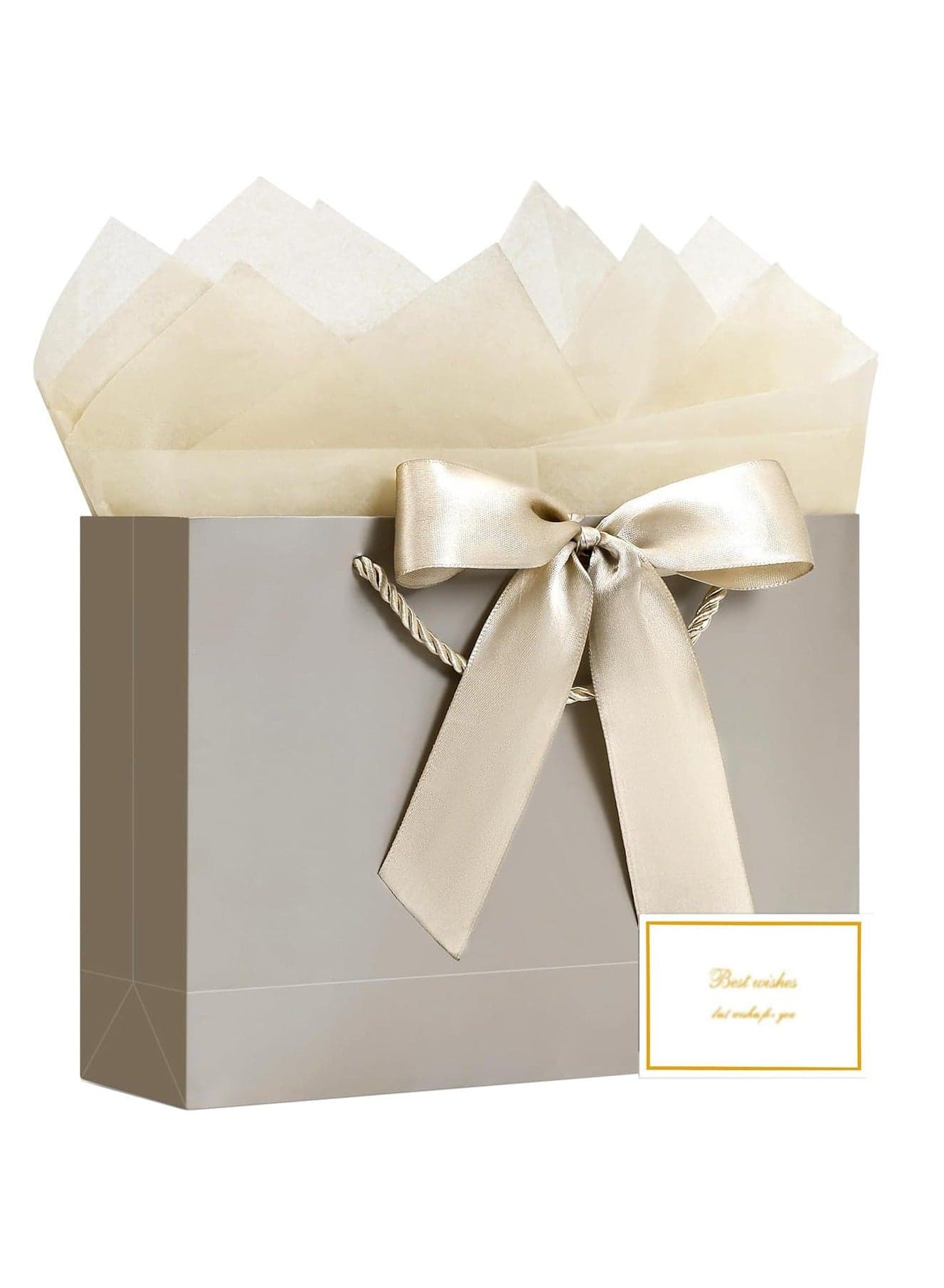 2PCS Champagne Color Large Gift Bags, Paper Bags with Ribbon, Greeting Cards and Tissue Paper, Portable Party Bags with Handles, Birthday Gift Bags, Present Bags for Wedding Party, Party Supplies
