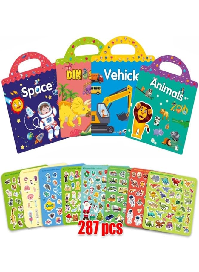 4PCS Reusable Sticker Activity Books for Kids - 3D Animal Space Vehicles Dinosaur Learning & Scrapbooking Stickers