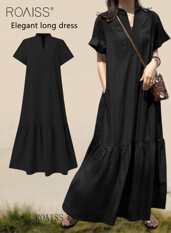 Women Summer Frock, V-Neck Short Sleeve A-Line Dress with Ruffle Hem, Stylish Elegant Maxi Dress for Ladies, Perfect for Daily Wear and Outdoor Activities