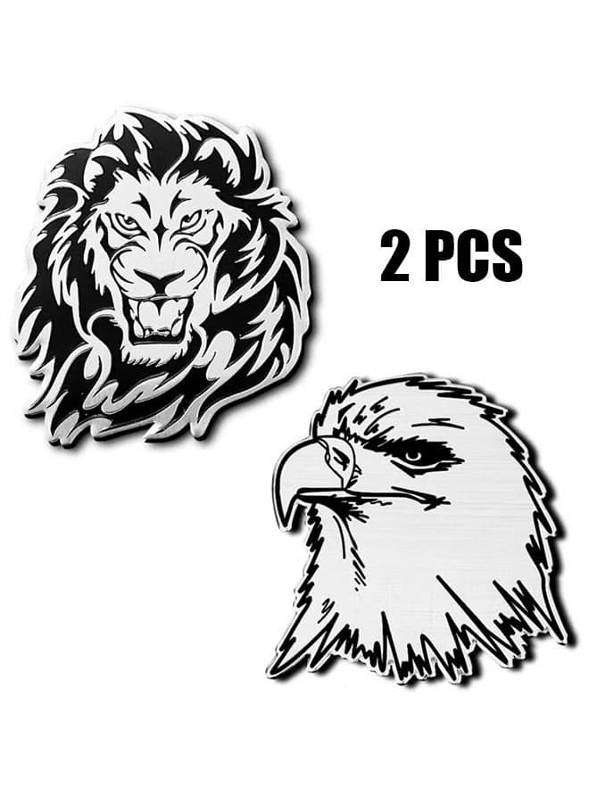 2 Pcs Silver Metallic Animal Car Stickers 3D Self-Adhesive Personalized Sticker Decals for Car Laptop Refrigerator Door Window Decoration (Lion + Eagle)