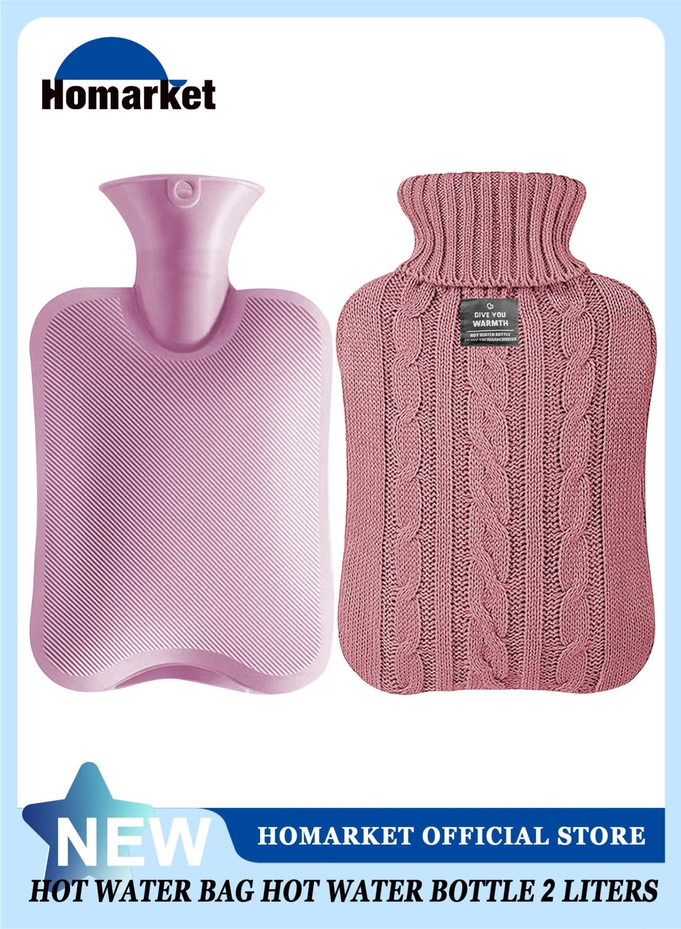 Hot Water Bottle with Knitted Cover, 2L Hot Water Bag for Hot and Cold Compress, Hand Feet Warmer, Ideal for Menstrual Cramps, Neck and Shoulder Pain Relief, Pink