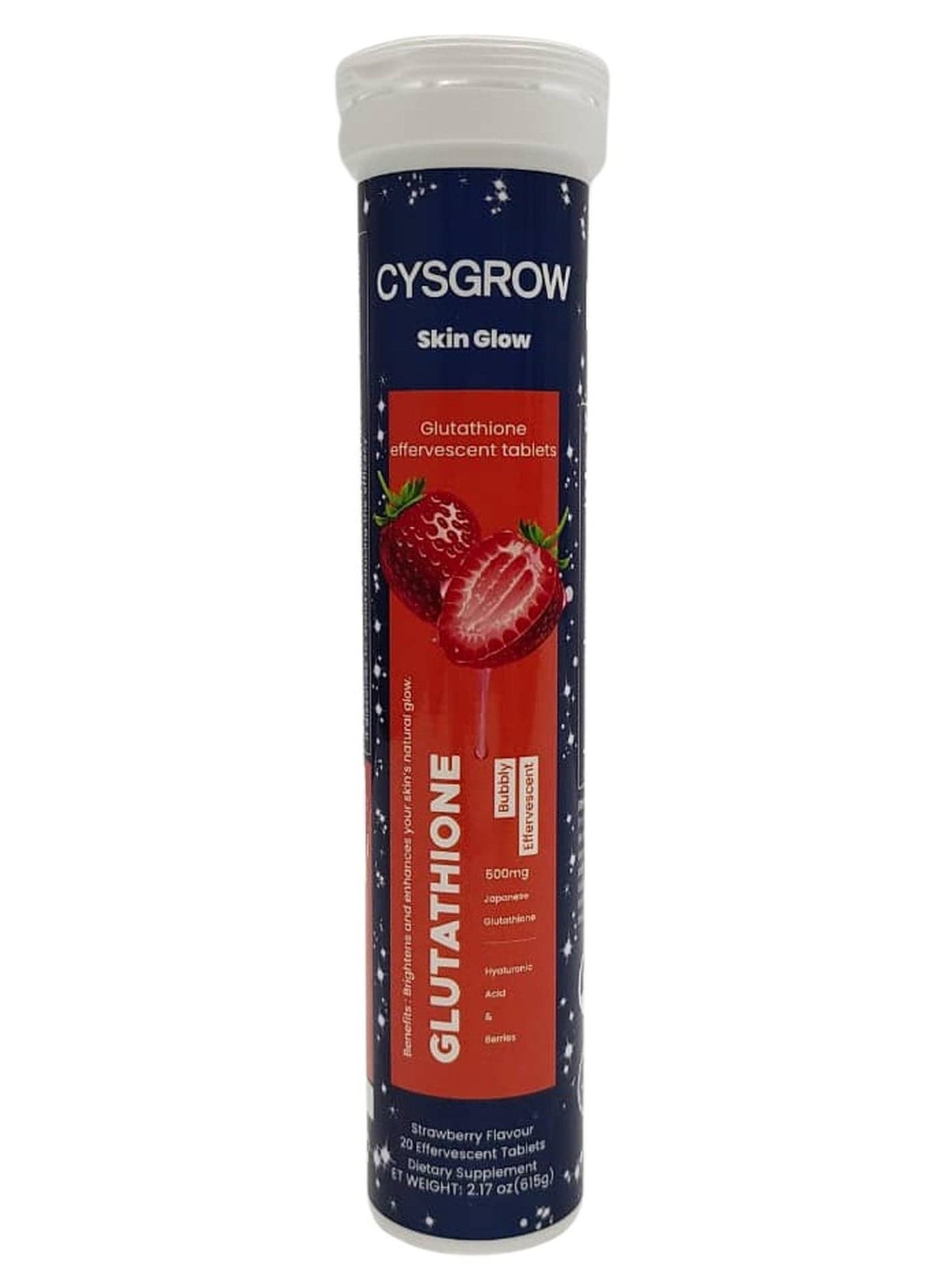CYSGROW Skin Glow – Glutathione Effervescent Tablets with Vitamin C, Hyaluronic Acid & Plant Extracts – 20 Tablets – Strawberry Flavor
