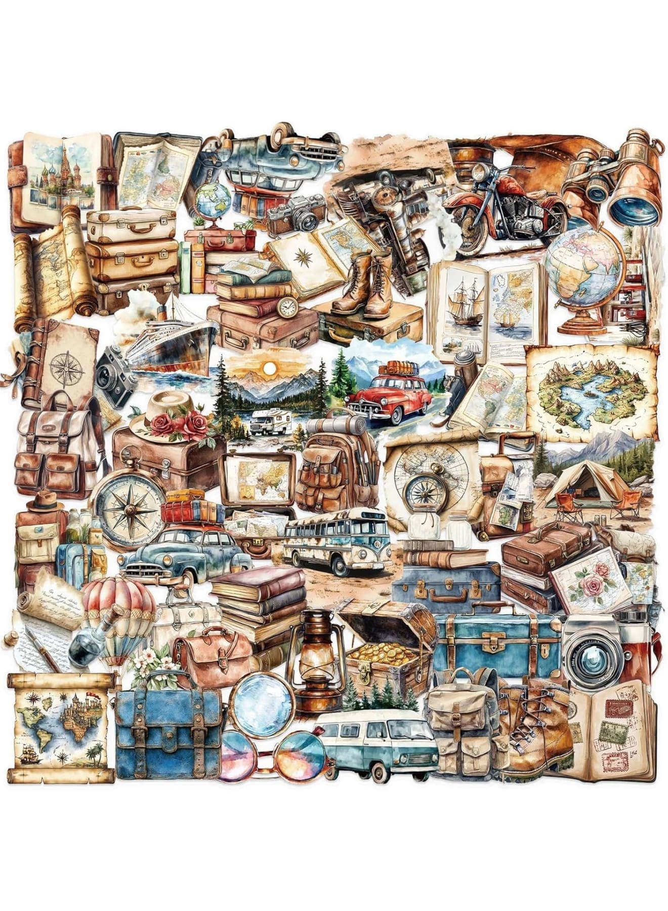 Luggage Sticker, Vintage Travel Stickers, Retro Decals with Compass, Camera, Map & Clock Designs for Luggage, Laptops, Journals & DIY Crafts, Aesthetic Waterproof for Kids/Adults (50-Piece)