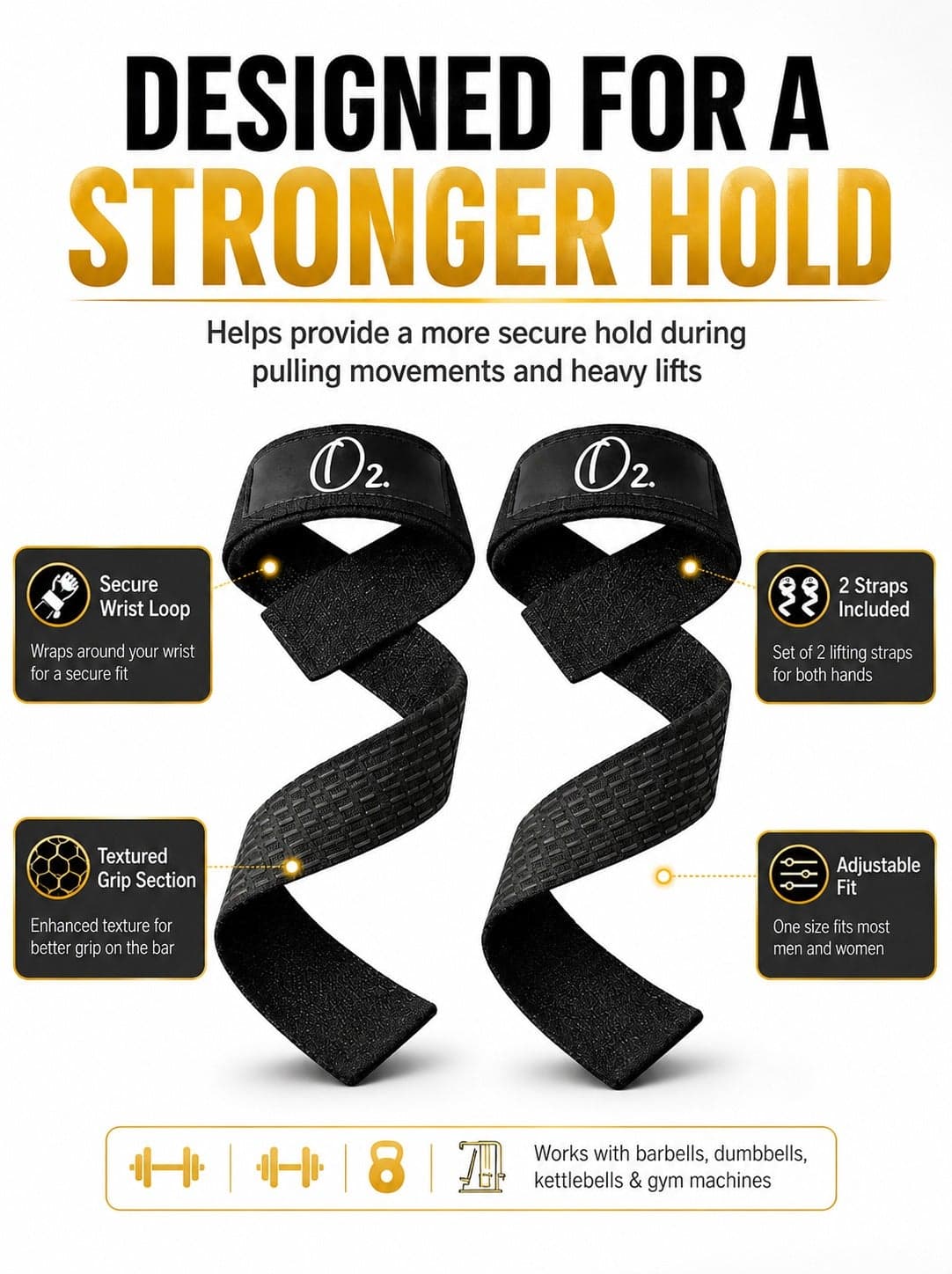 Pair of Black Weight Lifting Straps, Gym Wrist Straps and Grip Support Straps for Deadlift, Weightlifting, Bodybuilding, Strength Training, Dumbbells, Barbells and Kettlebells