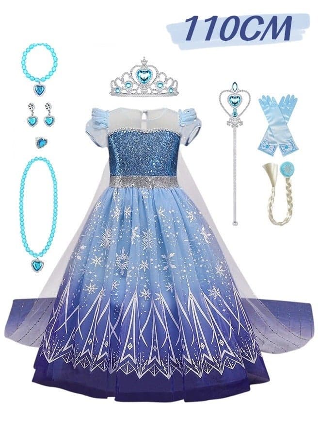 Princess Dress Set with 8 PCS Accessaries, Princess Costume with Removable Cape, Elegant Princess Dress Up Costume for Girls, Great for Fancy Dress Parties, Birthdays, Prom Outfits and Cosplay Activity(110CM)