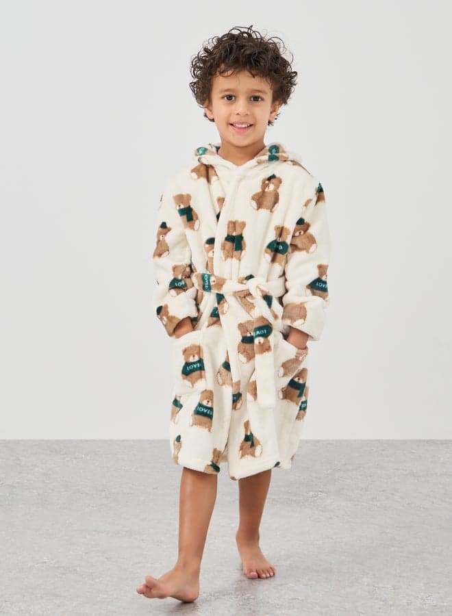 Boys Bear Print Hooded Bath Robe