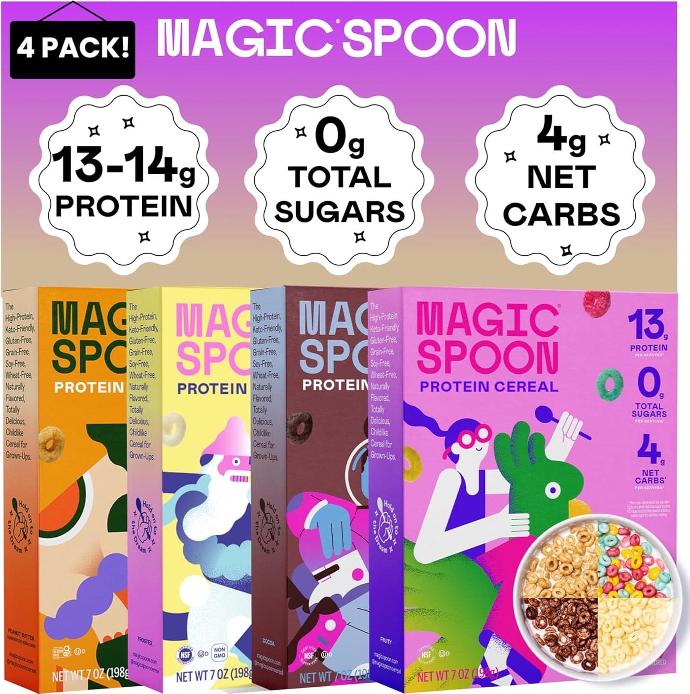 Magic Spoon Cereal Variety Pack - High Protein, Keto & Low Carb, Gluten & Grain Free, 4 Boxes of 7oz Each