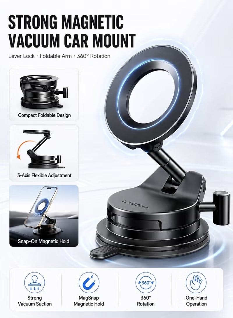 MagSafe Car Phone Holder, Magnetic Car Mount with Strong Vacuum Suction Cup, 360° Rotation, Foldable Metal Arm, Dashboard & Windshield Phone Holder, Compatible with iPhone 17/16/15 Series, Samsung Galaxy S26 Ultra, Black