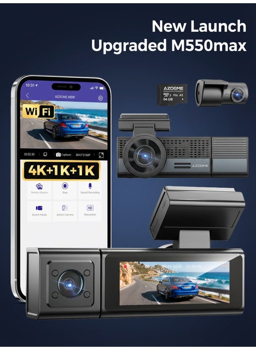 M500 (Upgraded M550-max) Dash Cam Ultra HD 4K Front + 1K Rear & Interior, 2.99” Screen, WiFi Car DVR, Night Vision, 24H Parking Monitor