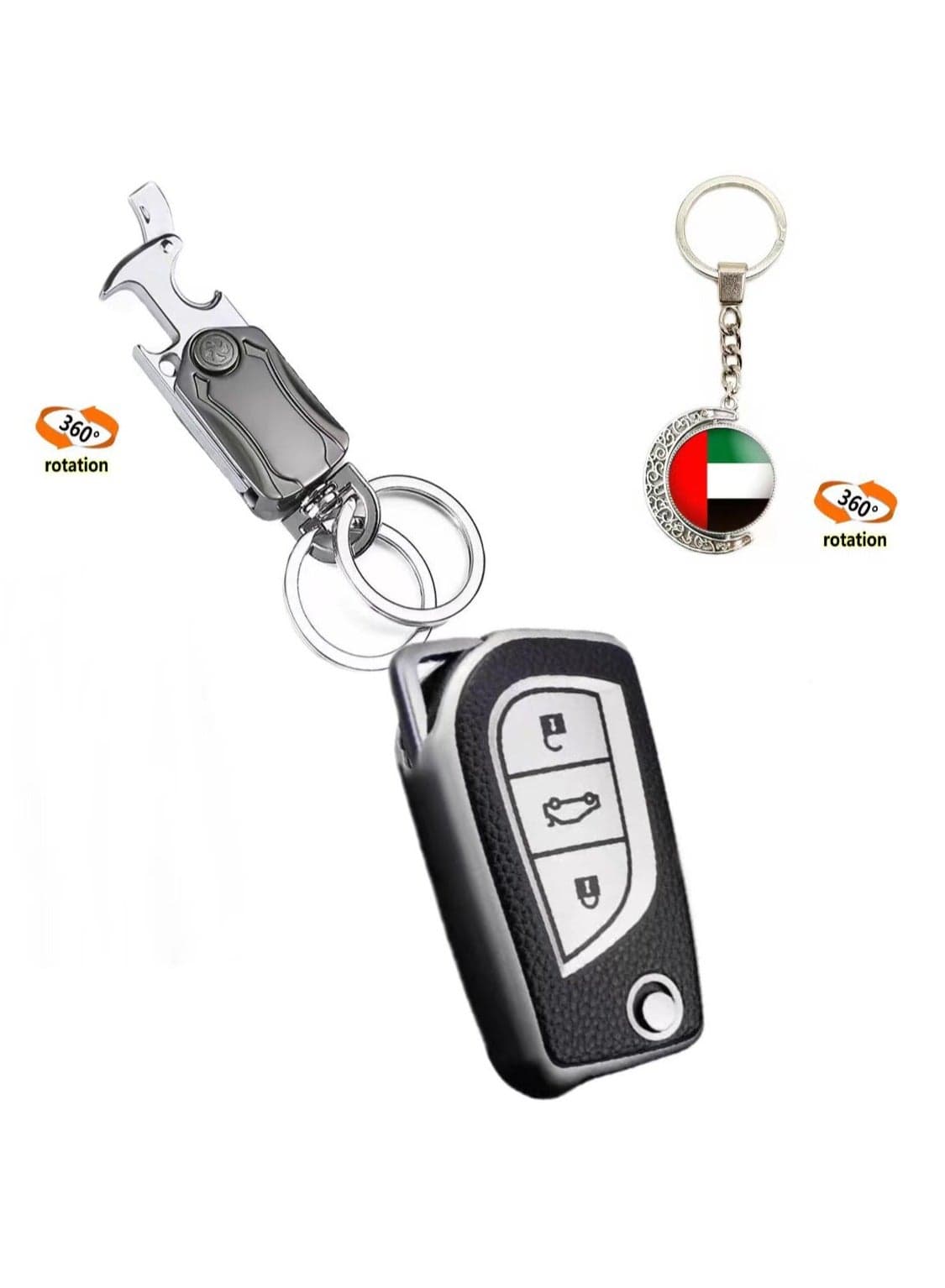 OUYoo TPU Case Key Fob Cover For Toyota C-HR Camry Corolla Fortuner Highlander Levin RAV4 LE Sequoia Sienna Tacoma Tundra Yaris Car Key Shells,Metal fidget spinner key chain,UAE flag key chain(Silver)