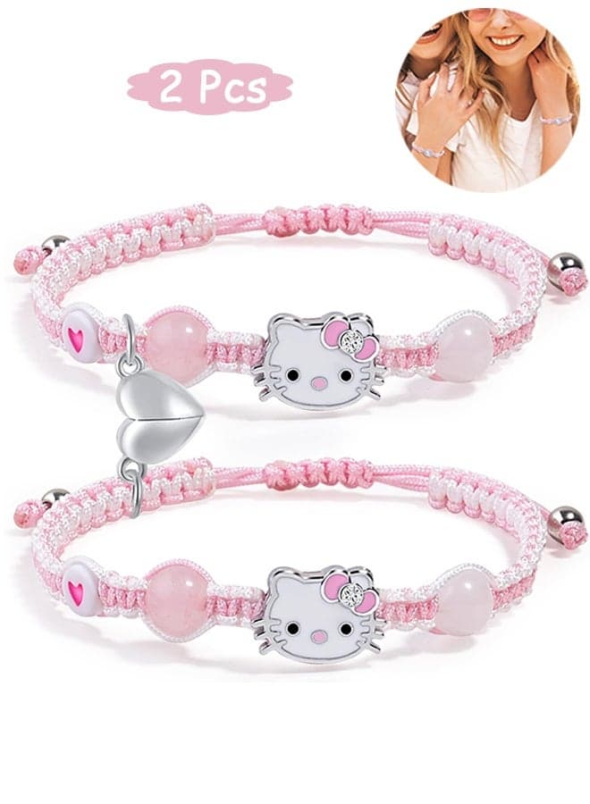 2 Pcs kitty Couples Fashion Bracelets for Women Men, Cute Cartoon Elastic Beaded Bracelets, Cartoon Themed Pendant Friendship Bracelets Gift for Teen Girls Kids