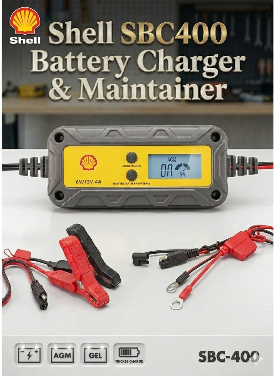 SHELL 6V/12V 4A Smart Battery Charger & Maintainer, IP65 Waterproof LCD Trickle Charger for Car, Motorcycle, ATV, Marine, AGM, GEL, SLA, VRLA, LiFePO4, Lead Acid Batteries