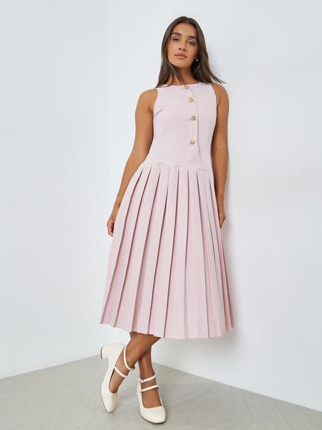 Styli Pink Pleated A-Line Midi Dress