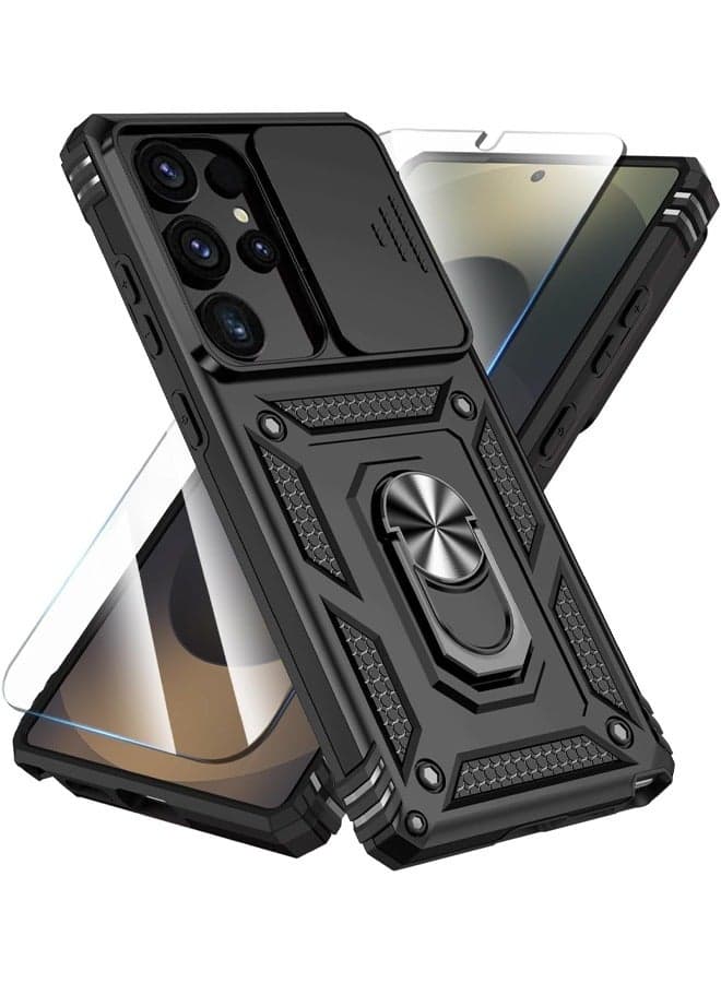 Samsung Galaxy S25 Ultra Case with HD Tempered Glass Screen Protector, Slide Camera Cover, Built-in 360° Rotate Ring Kickstand, Shockproof Drop Proof Protection, Heavy Duty Shockproof Protective Case for Samsung Galaxy S25 Ultra 6.9 inch (Black, 1+1 Pack)