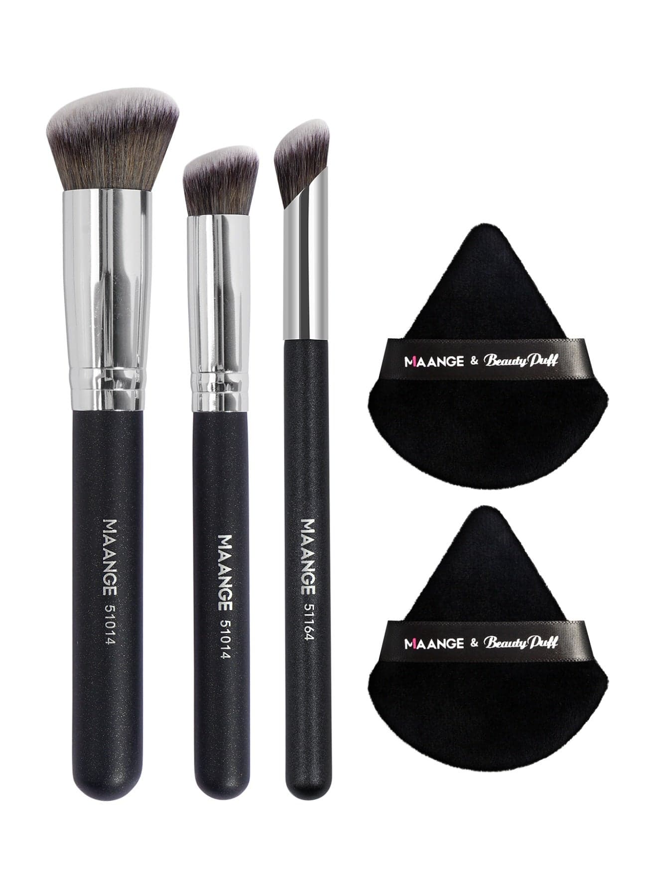 Face Makeup Beauty Tool Kit, 3pcs Professional Makeup Brushes 2pcs Powder Puff With Strap, Complete Function Makeup Beauty Accessories For Women,Black/Silver