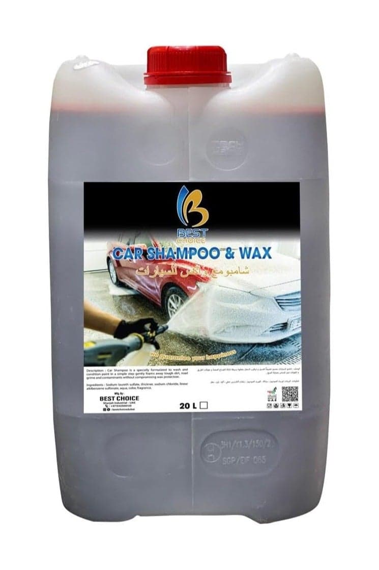 Car Shampoo and Wax 20 Litres - 2-in-1 Concentrated Car Wash Liquid with Wax Protection – Low Odor, Bulk Automotive Cleaning Solution – Made in UAE – Professional & Personal Use
