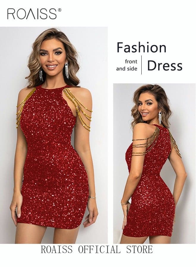 Banquet Party Dress for Women Evening Dresses Halter Neck Sequins Short-Length Sleeveless Prom Ball Gown Wedding Elegant Slim Formal Dresses Bridesmaid Dress
