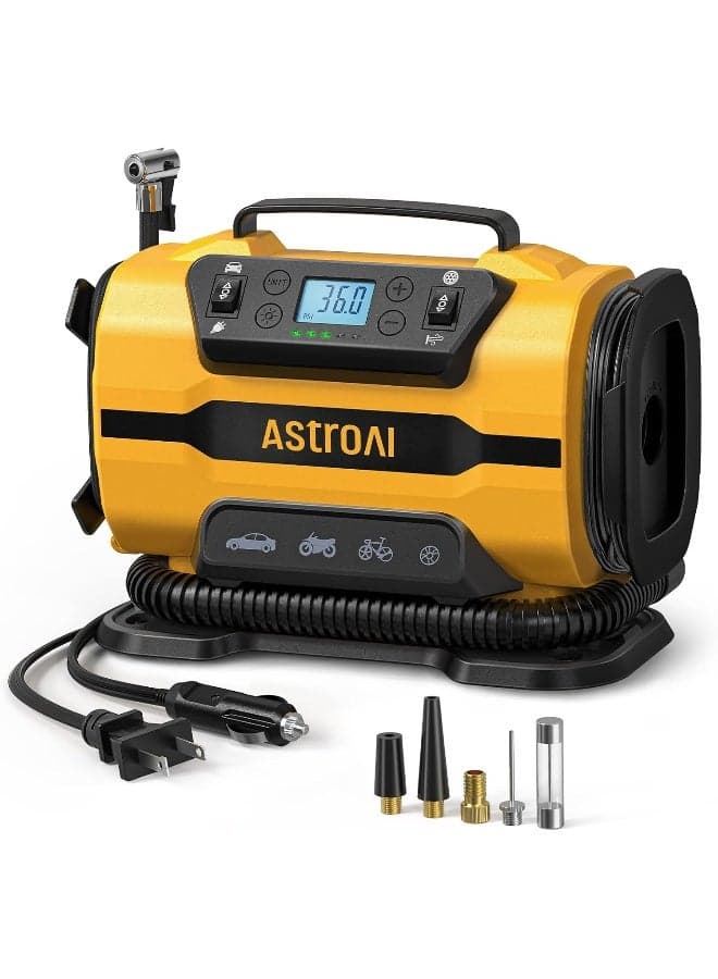 AstroAI Tyre Inflator Air Compressor 150PSI, Power Supply 12V DC / 230V AC, Tyre Pump with Dual Metal Motors & LED Light, Car Accessories for Car, Bicycle and Air Mattresses (Yellow) for Gifts