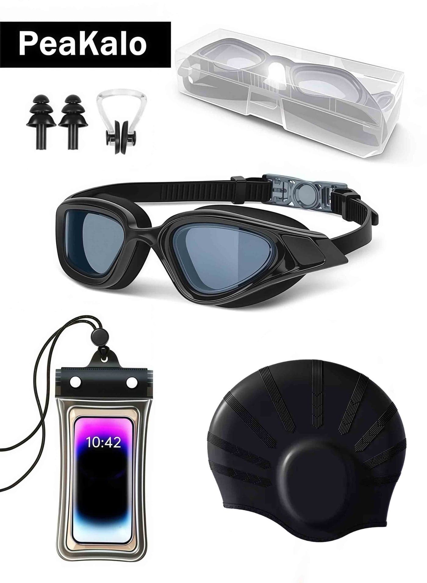 Upgraded 5-in-1 Anti-Fog Swimming Goggles Set with Wide Vision, Large Cap, Nose Clip, Earplugs & Case | Leakproof Silicone Waterproof UV Protection Unisex Swim Goggles for Men, Women & Teens