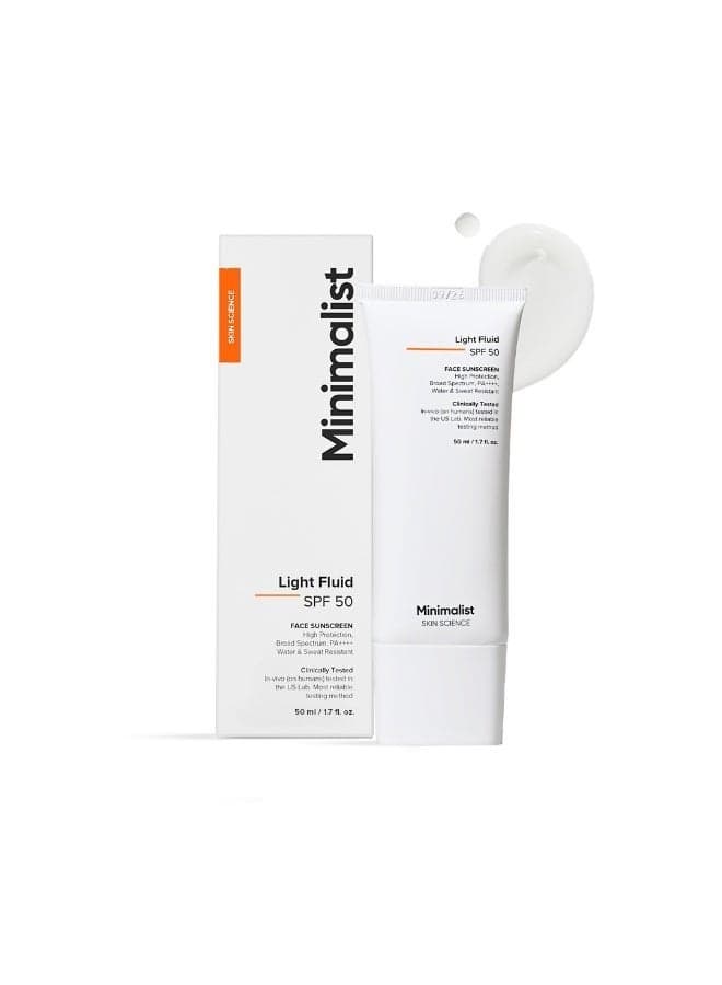 Light Fluid Sunscreen SPF 50 PA++++ | Clinically Tested in US (In-Vivo) | No White Cast | Broad Spectrum | Lightweight, Water & Sweat Resistant | For Women & Men | 50ml