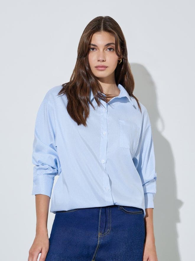Styli Blue Striped Oversized Casual Shirt
