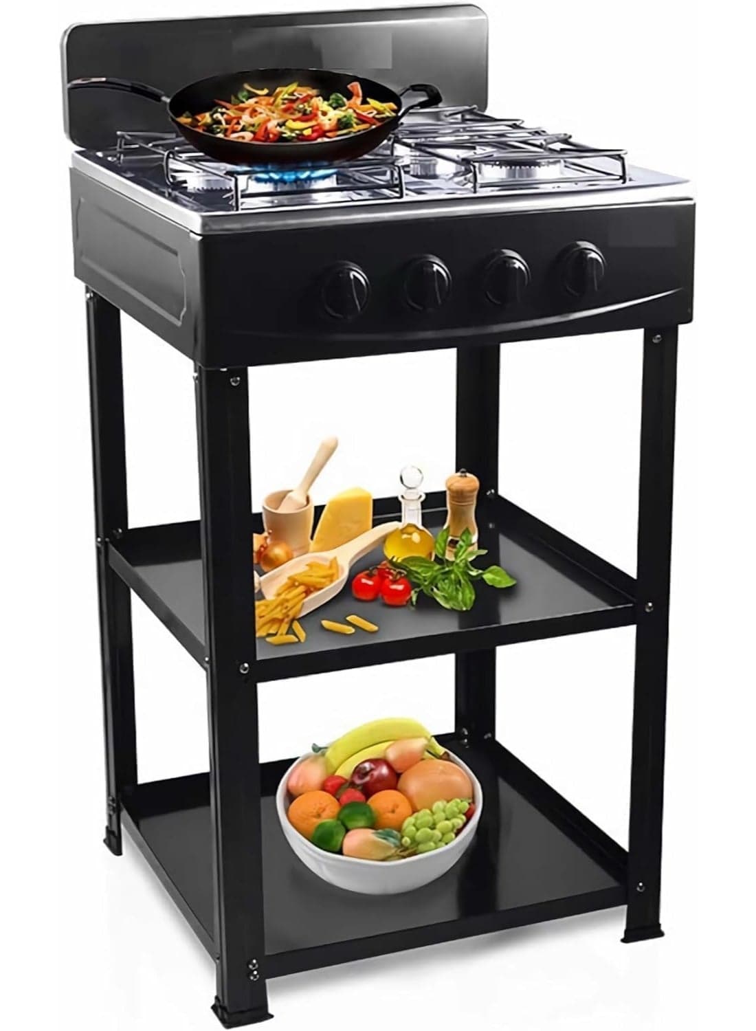 4 Burner Gas Stove with Wind Guard, Portable Gas Stove with Removable Leg Stand and 2 Storage Shelves for RV, Apartment, Outdoor Cooking