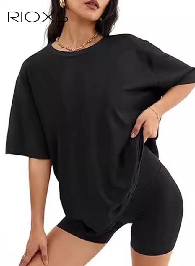 Women's Oversized T-shirts, Loose Fit Short Sleeve Tee Shirts, Trendy Soft Crewneck Tops, Basic Tee Solid Black Shirts for Women, Trendy Casual Blouse, Comfy Breathable Ladies Tees for Daily Wear, Office, Running, Sport, Gym, Skating, Womens Clothing Gift for Your Family and Friends