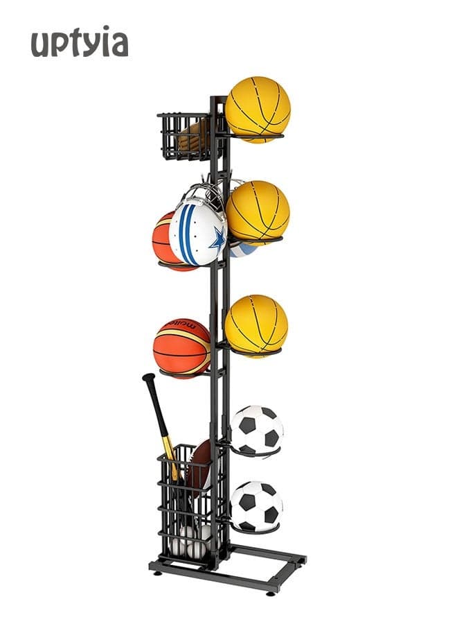 Basketball Rack, Ball Storage Rack, Football Stand, Ball Storage Garage, Ball Holder, Sports Equipment Storage for Garage,Vertical Basketball Volleyball Football Display Stand with Basket Portable Ball Storage Rack for Toy/Sports Gear Storage Indoor