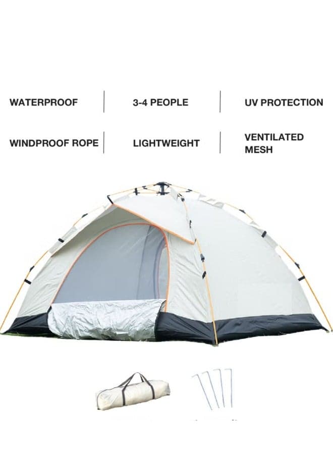 Camping Tent 3–4 Person Pop-Up Automatic Setup, Waterproof & UV Protection, Double Door Lightweight Portable Family Tent for Hiking, Beach & Outdoor Travel – White