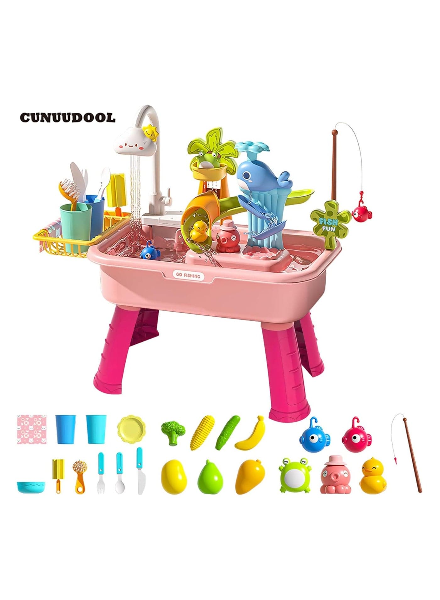Sand Water Table Toy with Electric Water Pump, Kids Sand Water with Faucet Play Food Accessories Fishing Toy, Kitchen Play Sink Toys for Girl Boy Age 3+ (Pink)