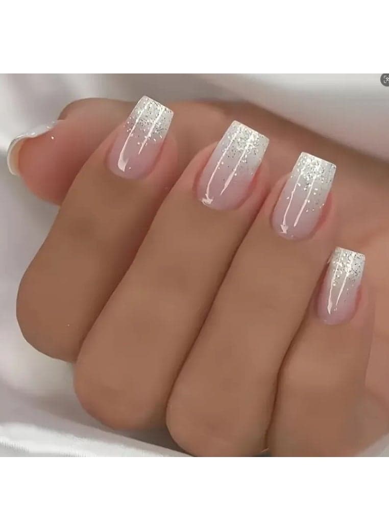 Silver Glitter French Press On Nails 24 PCS Square Full Cover Artificial Nails, Pink Clear Ombre False Nails, Reusable Stick On Nails, Elegant Wedding Party DIY Manicure Kit